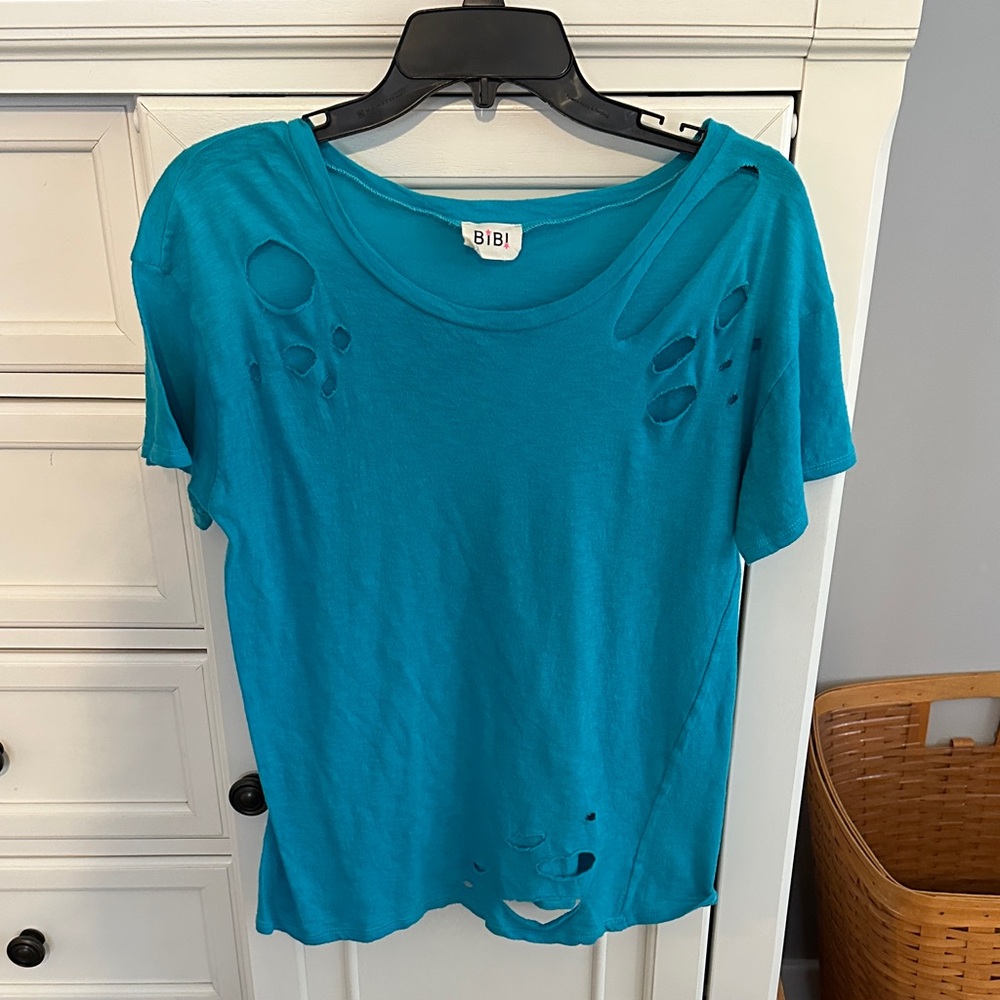 BiBi Turquoise Distressed Short Sleeve Tee
